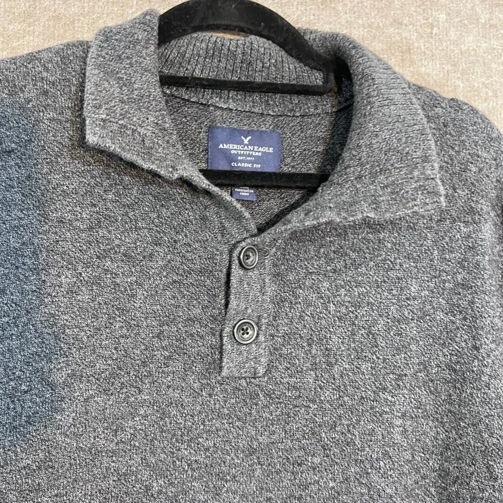 American Eagle Sweater Mens Large Gray Cotton Mock Neck Button Pullover Preppy